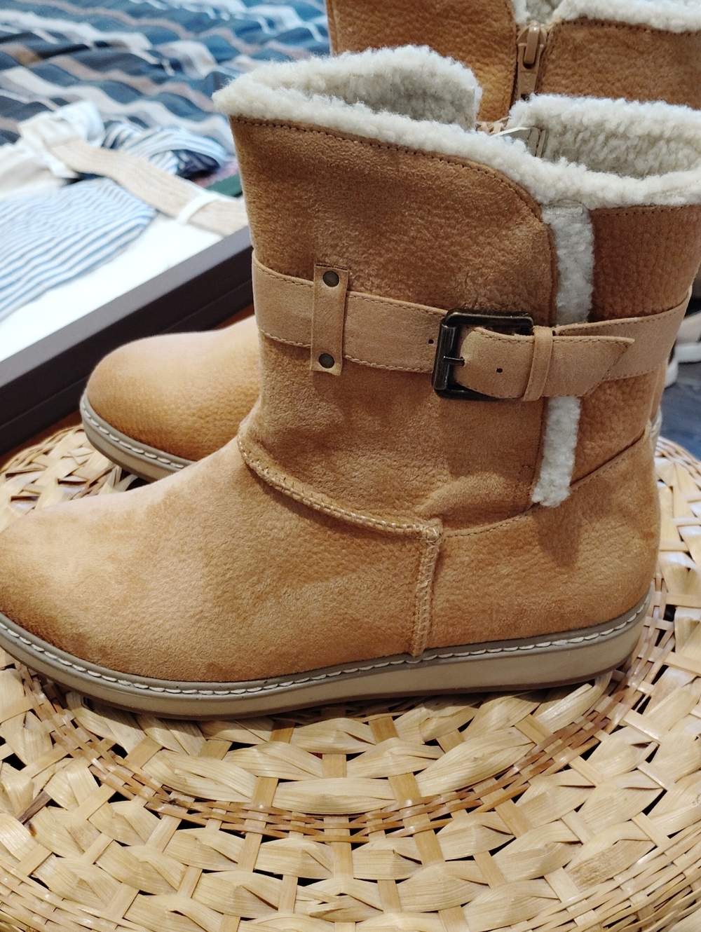 White Mountain Tan Faux Suede Shearling Mid-Calf Boots with Buckle